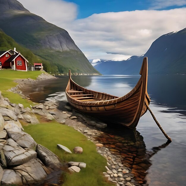 Foto velho barco viking em sognefjord gerado por ia