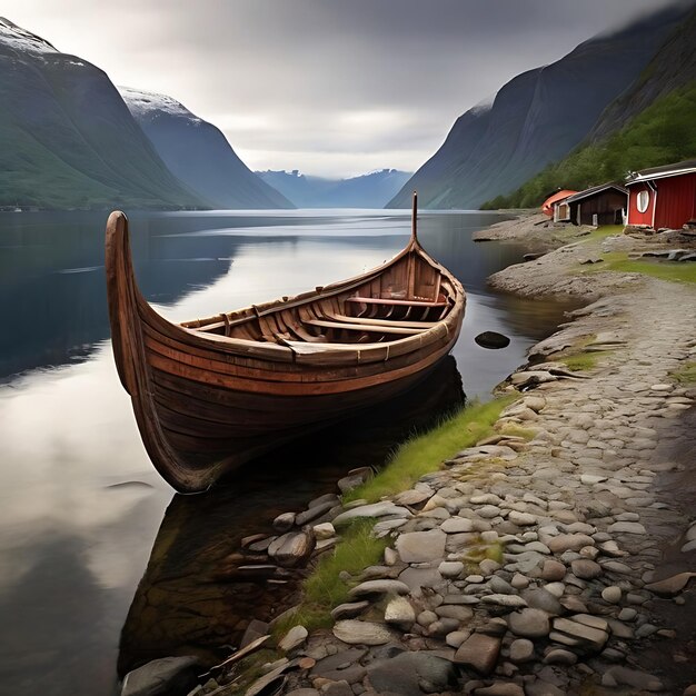 Foto velho barco viking em sognefjord gerado por ia