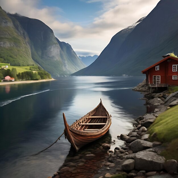 Foto velho barco viking em sognefjord gerado por ia