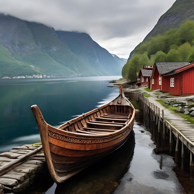 Foto velho barco viking em sognefjord gerado por ia