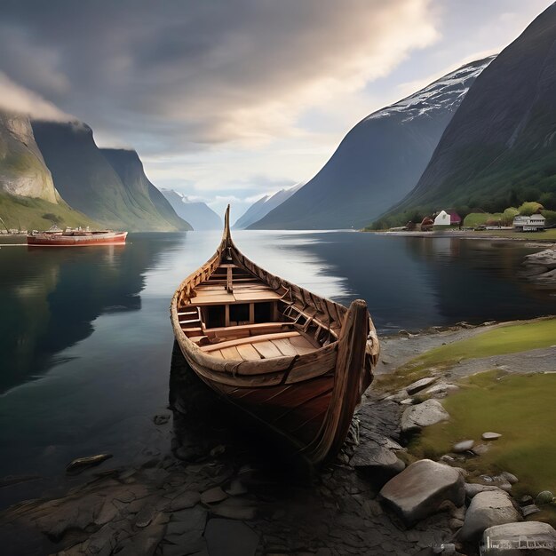 Foto velho barco viking em sognefjord gerado por ia