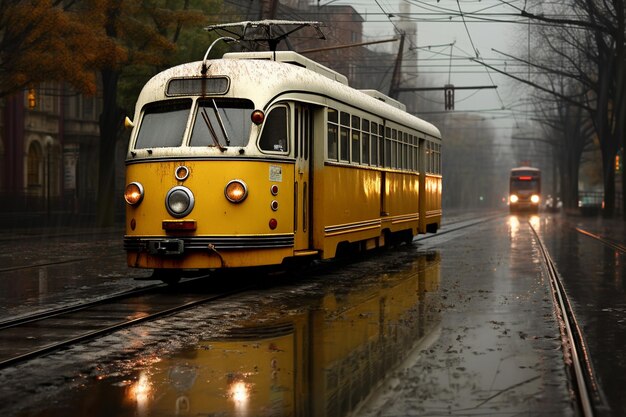 Velho bonde amarelo em um dia chuvoso na cidade de Lviv, na Ucrânia