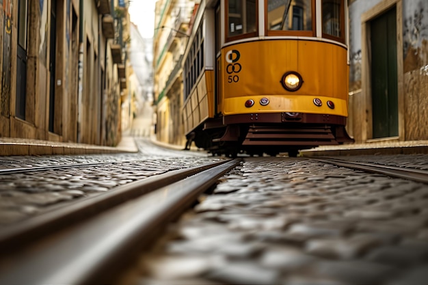 Foto velho bonde atravessa a cidade