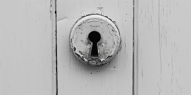 Velho buraco de chave em uma porta de madeira branca adequado para conceitos de segurança ou mistério