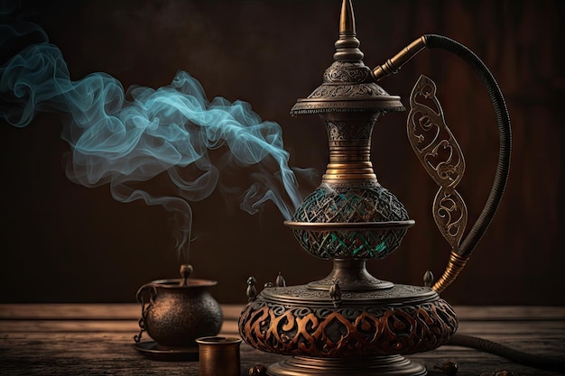 Velho cachimbo de água oriental com fumaça para fumar tabaco no café