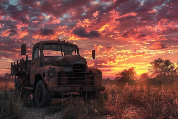 Velho camião abandonado ao pôr-do-sol