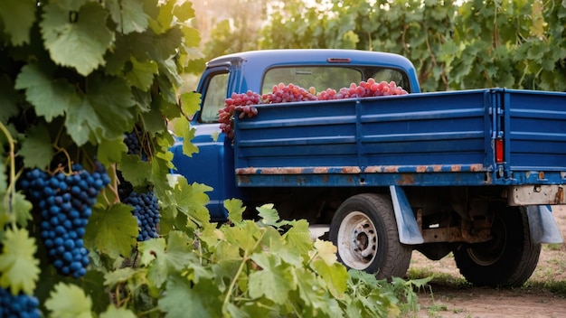 Foto velho caminhão azul cheio de uvas em uma estrada de vinha ao pôr do sol