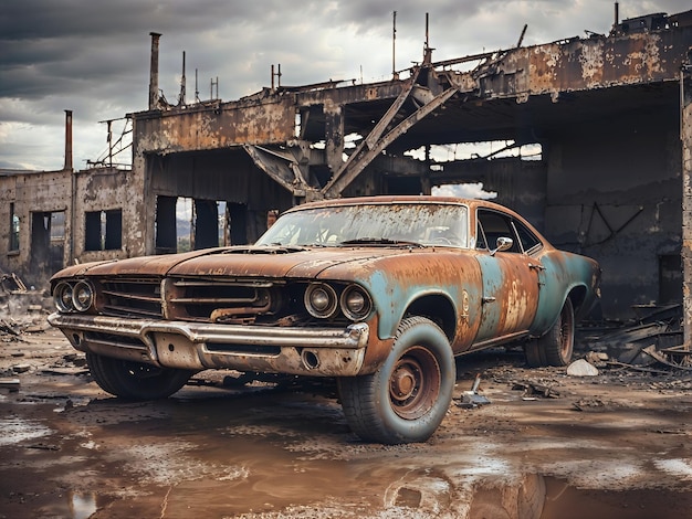 Foto velho carro retro enferrujado em um local abandonado