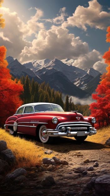 Velho carro vermelho clássico com montanhas e colinas de fundo