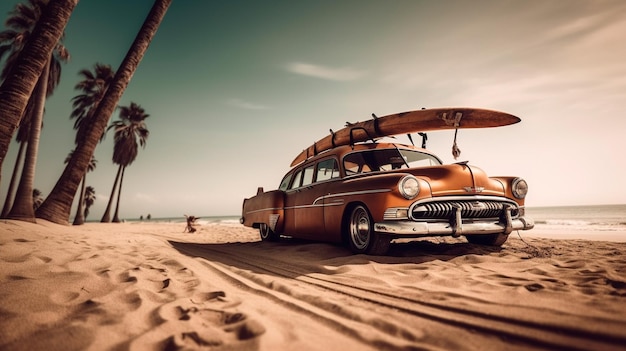 Velho carro vintage na praia com um skate de água uma Beautiful palms Generative AI