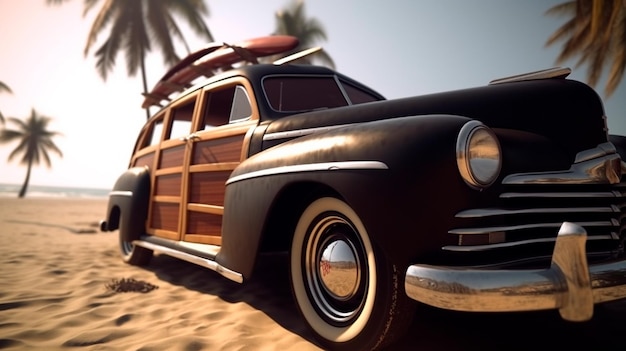 Velho carro vintage na praia com um skate de água uma Beautiful palms Generative AI