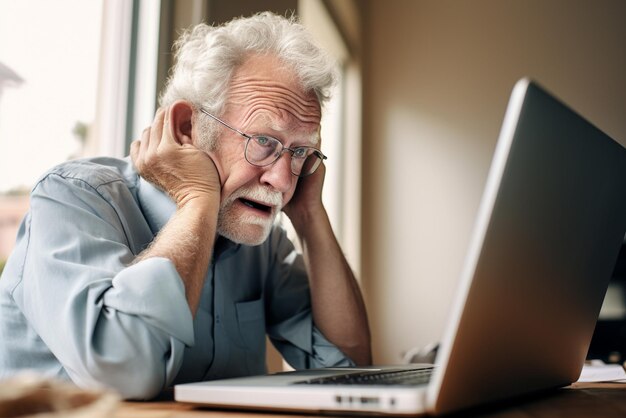 Velho coçando a cabeça enquanto olha para a ia geradora do laptop