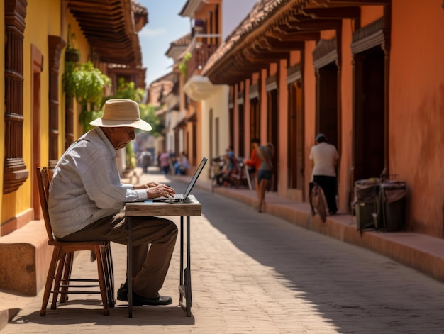 Velho colombiano trabalhando em um laptop em um ambiente urbano vibrante