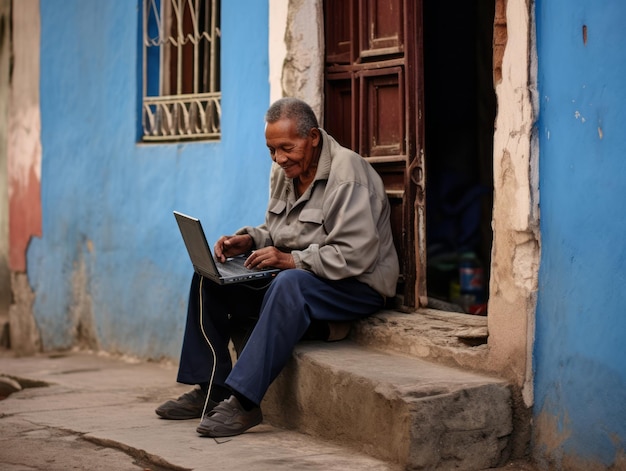 Velho colombiano trabalhando em um laptop em um ambiente urbano vibrante