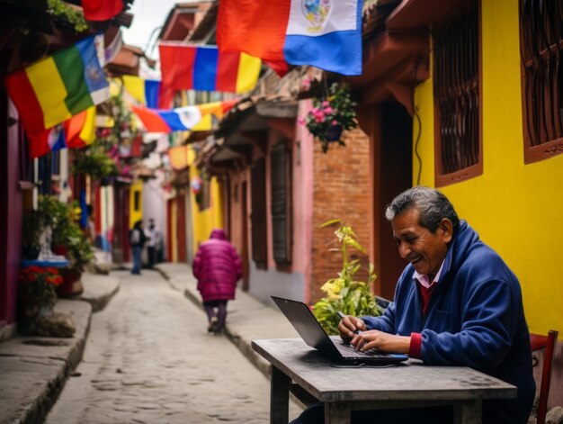 Velho colombiano trabalhando em um laptop em um ambiente urbano vibrante
