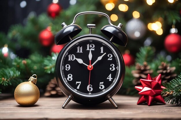 Foto velho despertador vintage preto em mesa de madeira em fundo desfocado da árvore de natal tema de ano novo