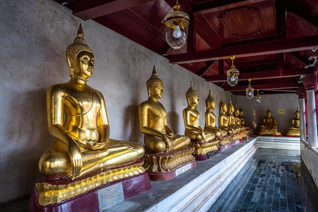 Velho e belo Buda dourado Muitas estátuas em Wat Phra Si Rattana Mahathat também coloquialmente referido como Wat Yai é um templo budista É um grande turista é Locais públicos em PhitsanulokTailândia