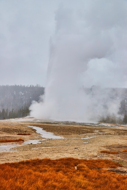 Velho e icônico gêiser de Yellowstone no inverno