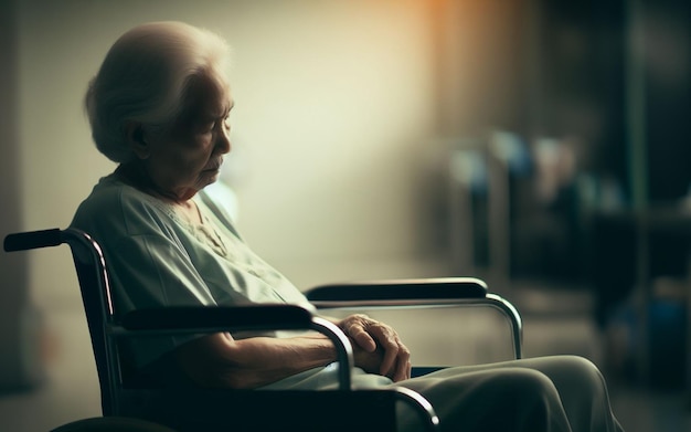 Velho em cadeira de rodas rosto triste Conceito de idosos solitários e doenças