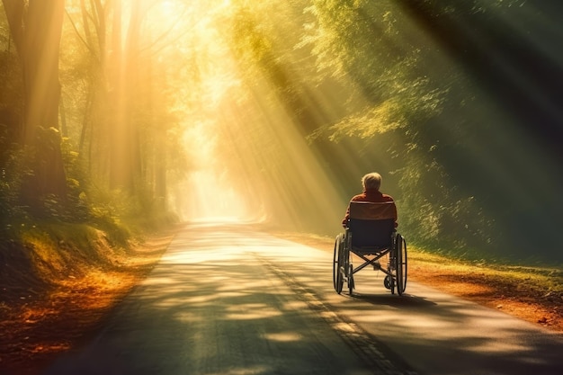velho em uma cadeira de rodas na estrada na floresta ao pôr do sol