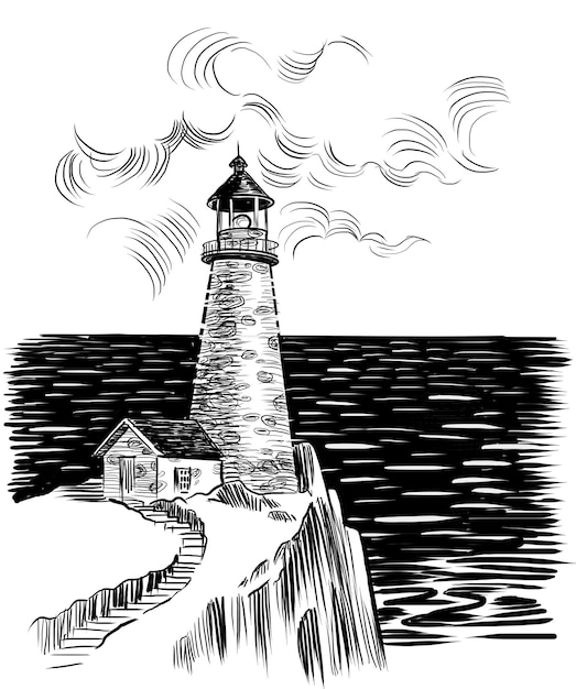 Velho farol à beira-mar ilustração em preto e branco desenhada à mão