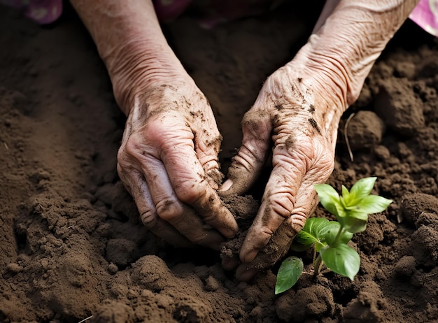 velho fazendeiro Mãos plantando mudas plantas frescas