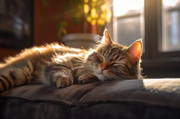 Velho gato cinza lambe preguiçosamente no sofá