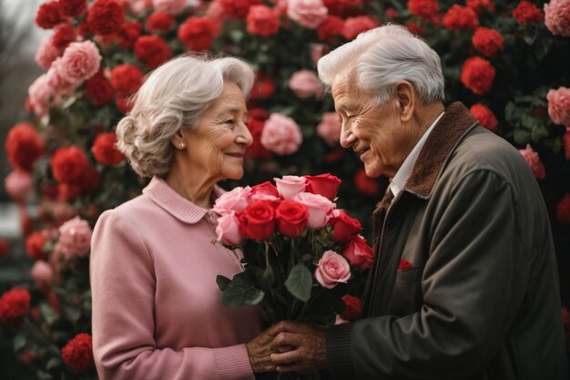 velho homem e mulher em feliz Dia dos Namorados amor flor na mão Ai imagem