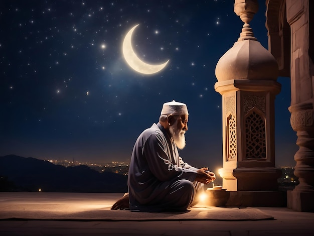 Velho muçulmano rezando em uma mesquita na noite de estrela e lua crescente