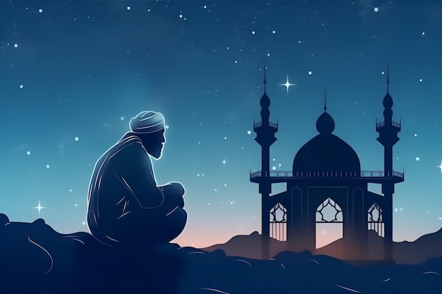 Velho muçulmano senta-se em frente a uma mesquita com noite estrelada