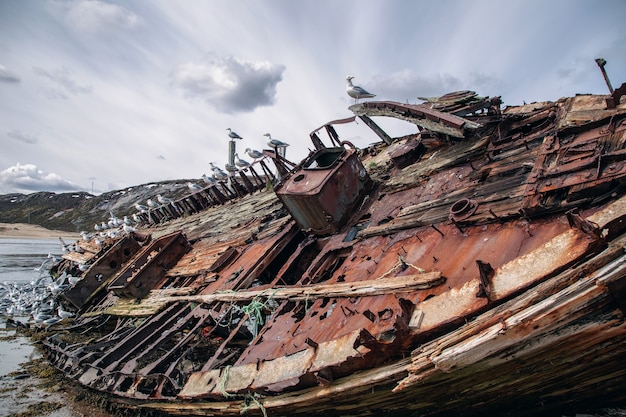 Velho navio abandonado à beira-mar