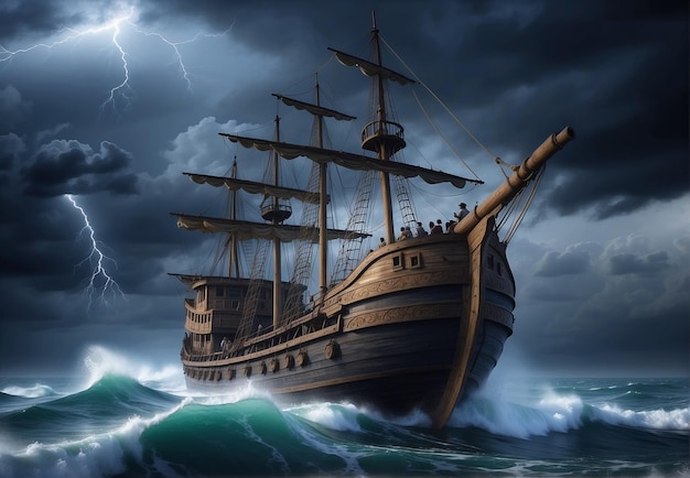 Velho navio medieval flutuando sobre as ondas no oceano em um furacão furioso