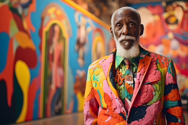 Velho negro vestindo roupas coloridas vibrantes em frente a obras de arte coloridas em uma galeria A arte