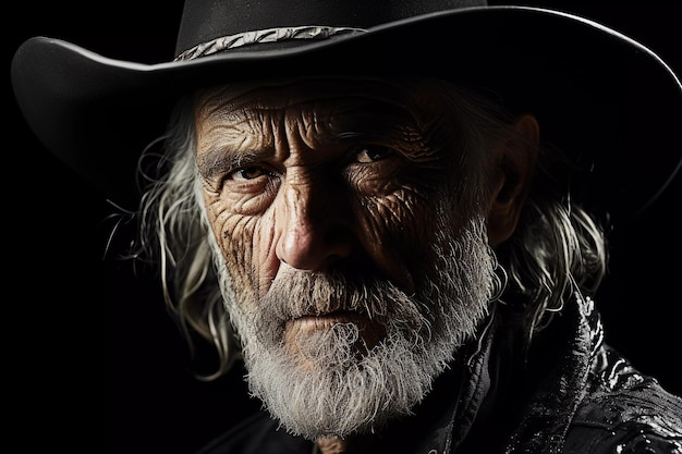 Velho Oeste ecoa retrato em close de um caubói consagrado IA generativa