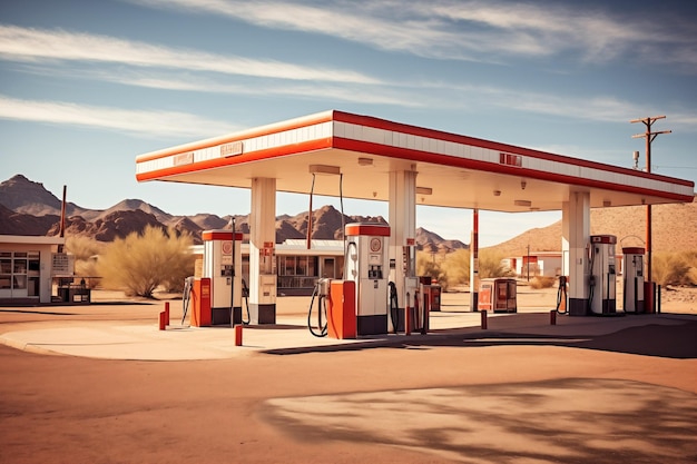 Velho posto de gasolina vintage abandonado na estrada do campo IA geradora