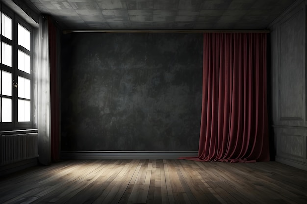 Velho quarto vazio escuro com um modelo de parede vazia e cortinas torcidas