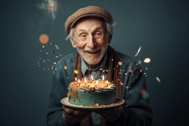 velho segurando um grande bolo de aniversário com velas com confete sorrindo olhando