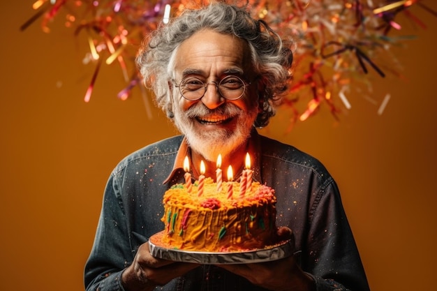 velho segurando um grande bolo de aniversário com velas com confete sorrindo olhando