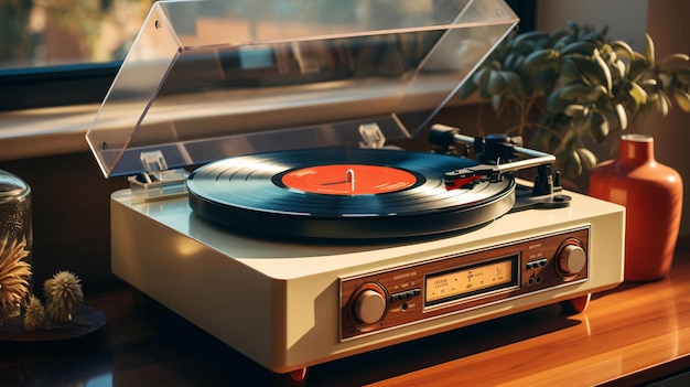 Velho tocador de vinil de música vintage com cartaz de discos