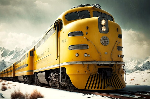 Foto velho trem expresso polar amarelo andando lentamente nos trilhos