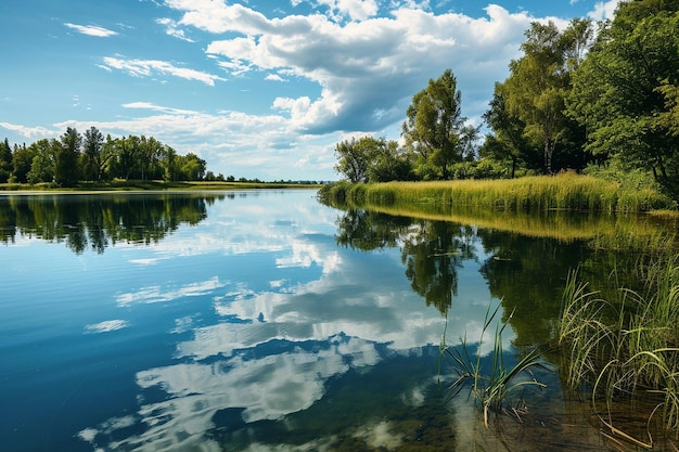 Velhos balanços na margem do lago de areia na paisagem do dia de verão