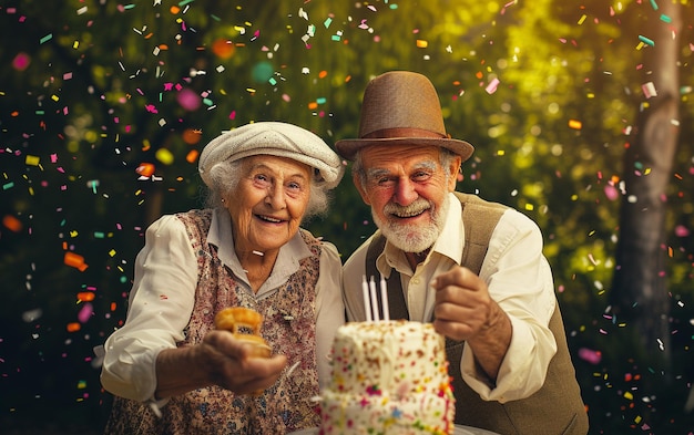 Velhos felizes felizes juntos a celebrar aniversários