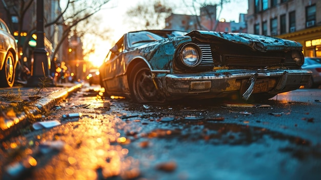 Vello coche abandonado en la calle al atardecer