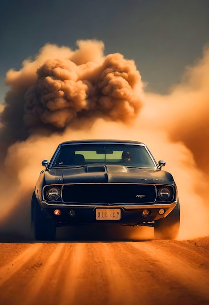 Foto vello coche clásico con faros brillantes rodeado de humo oscuro papel tapiz móvil de bokeh de carretera