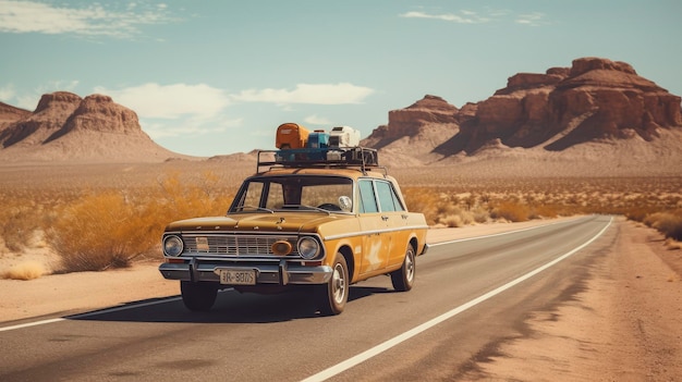 Vello coche con equipaje en el techo conduce por el camino del desierto