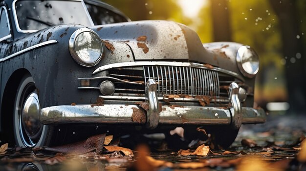 Vello coche estacionado en las hojas de otoño