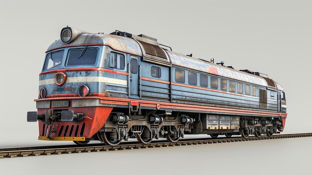 Vello tren azul y rojo oxidado aislado en fondo blanco representación 3D de una locomotora antigua