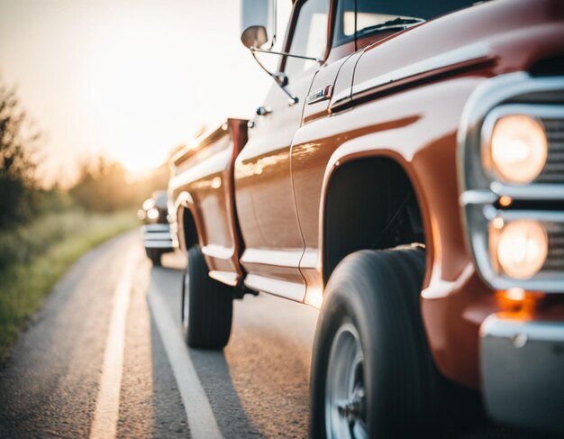 Una velocidad de camión rojo vintage retro en una tranquila carretera de campo rodeada de hermosos paisajes puesta de sol