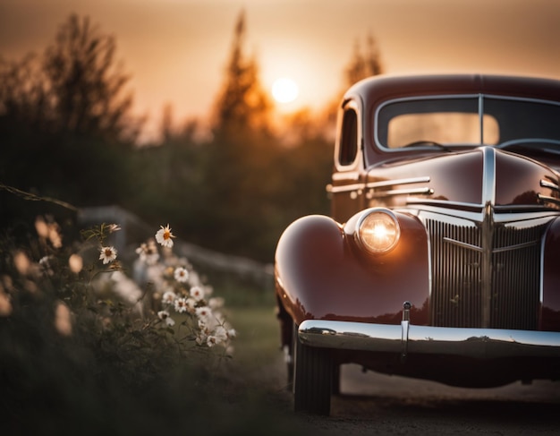 Una velocidad de camión rojo vintage en una tranquila carretera de campo rodeada de hermosos paisajes al atardecer