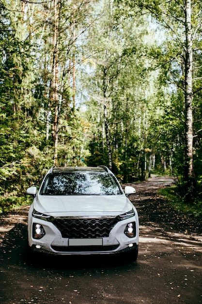 Foto velocidad de conducción de automóviles en el camino forestal fuera de la carretera